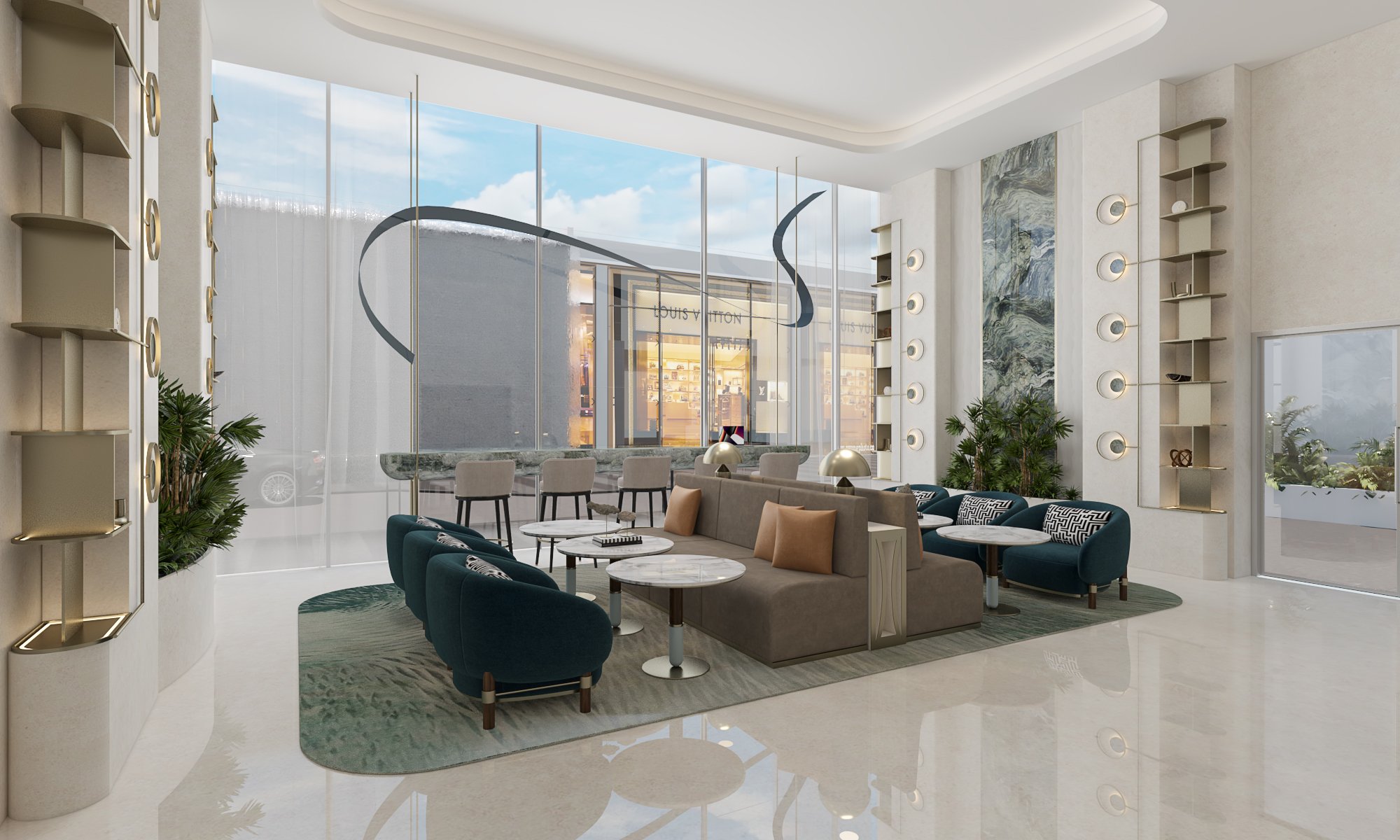 Luxury lobby interior of Azizi Riviera 68 with designer furnishings and marble floors