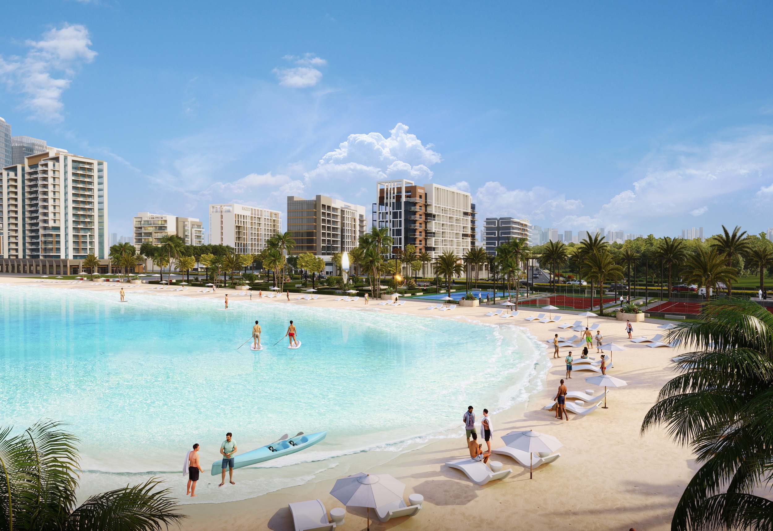 Azizi Riviera community beach with crystal lagoon, paddle boarders, and residential towers