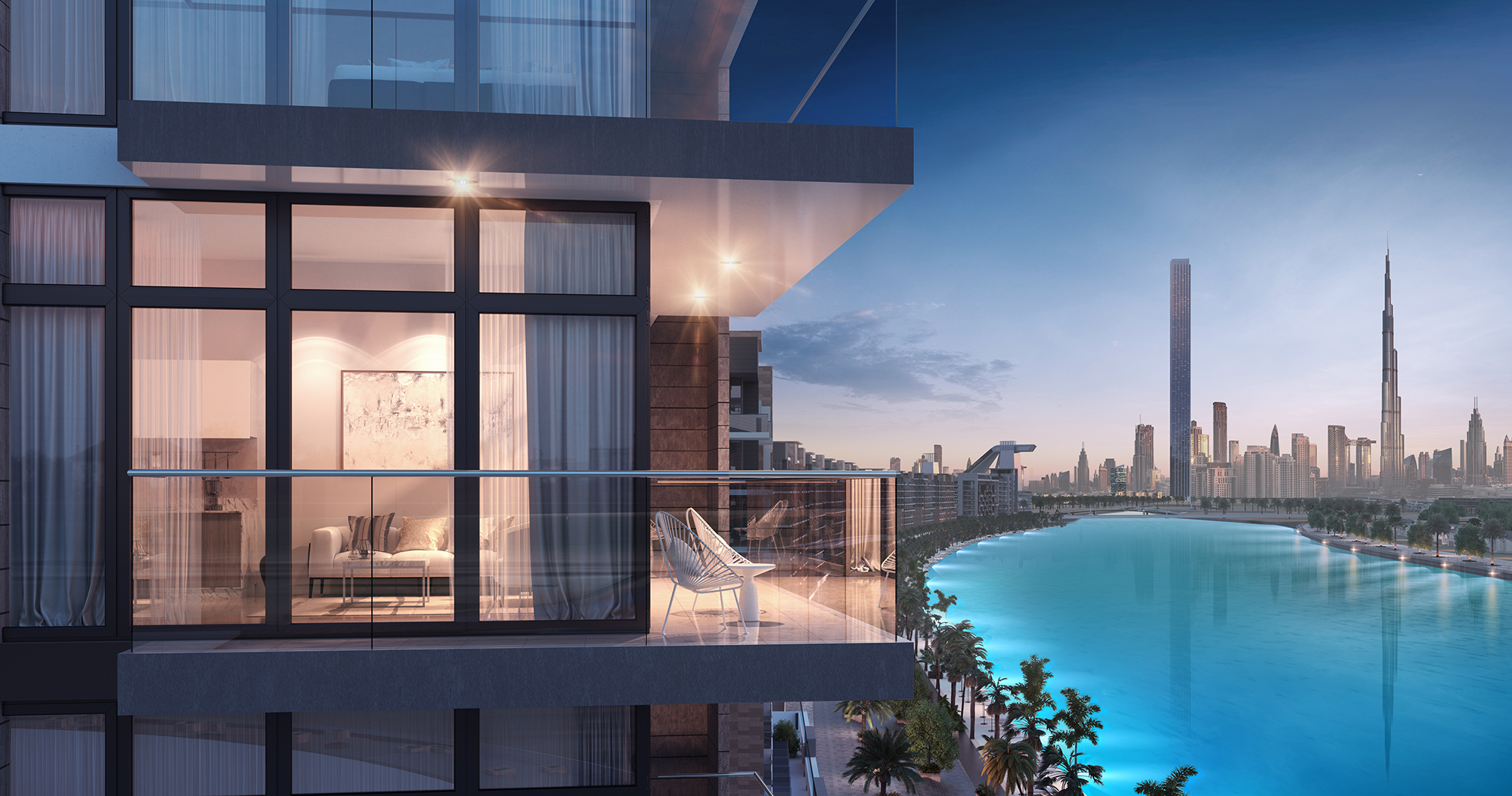 Luxury balcony overlooking the lagoon at dusk with Dubai skyline and Burj Khalifa