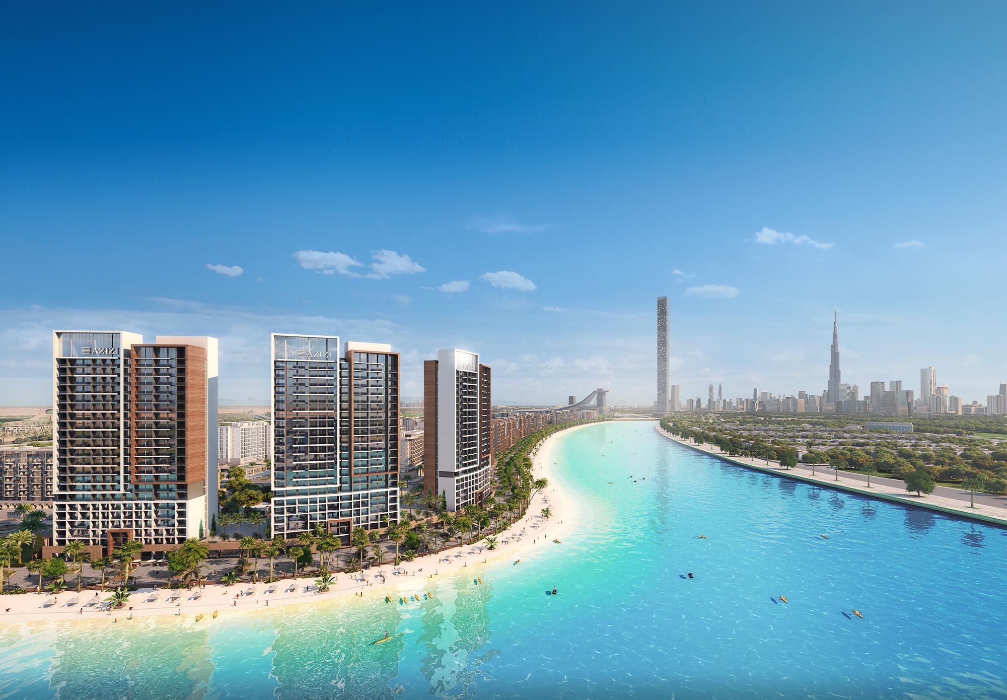 Aerial view of Azizi Riviera beachfront towers along crystal blue lagoon with Dubai skyline