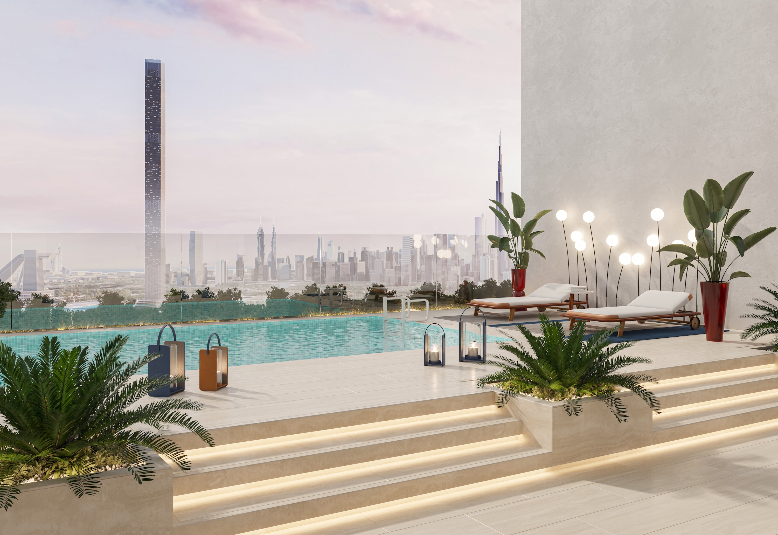 Rooftop pool terrace with Dubai skyline panorama at dusk